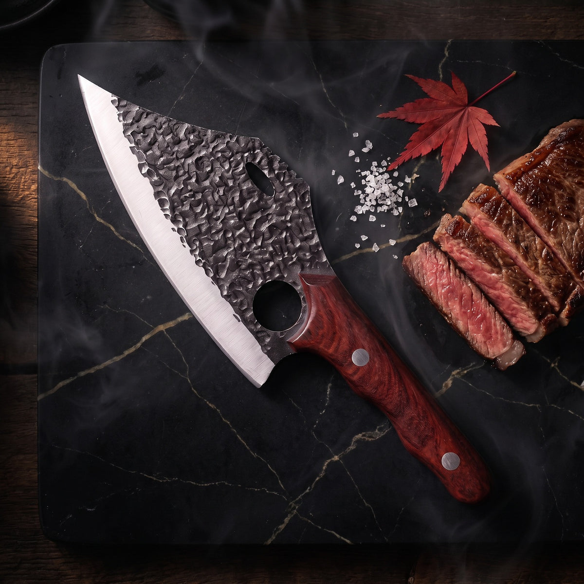 Hatori Kiba 牙 Series – Forged Ring Knife 17.5 cm, Red Sandalwood, on the board