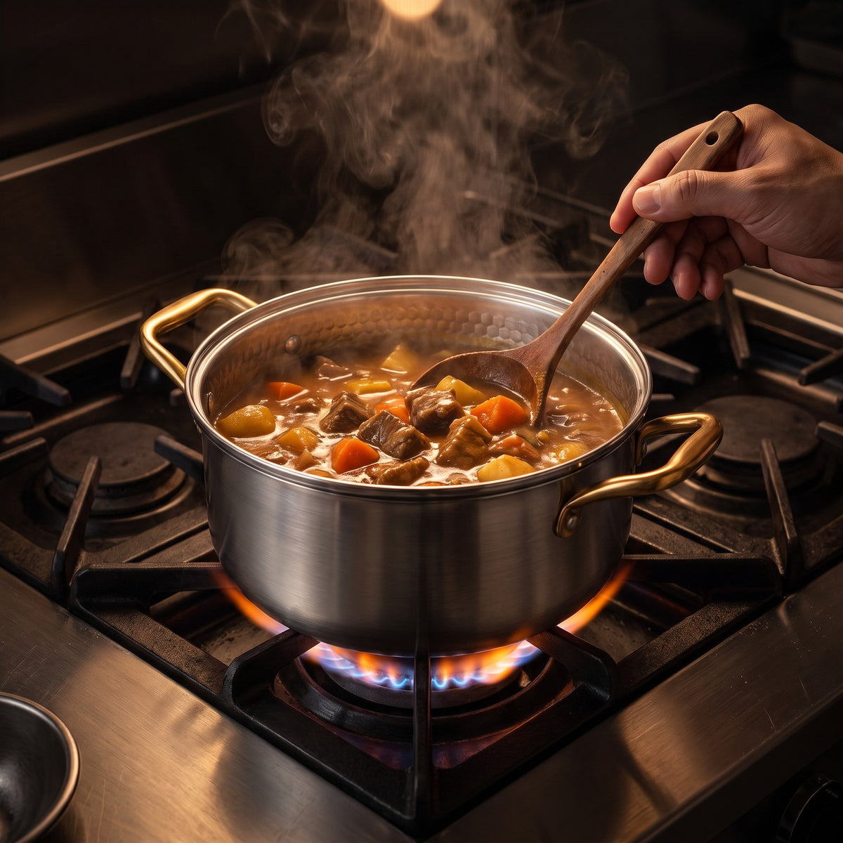 Hatori Kōmyō 光明 Kin 金 Edition – Titanium Cooking Pot with Lid, in use on the stove