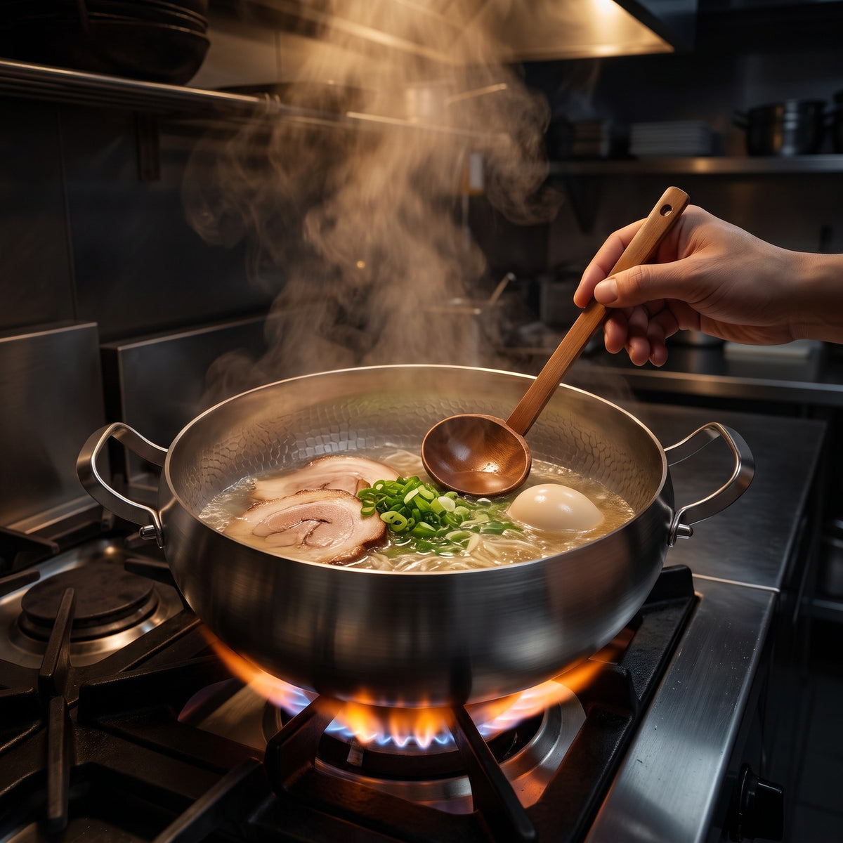 Hatori Kōmyō 光明 Series – Hammered Deep Titanium Pot, in use on the stove