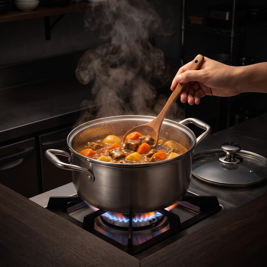 Hatori Kōmyō 光明 Series – Titanium Cooking Pot with Lid, in use on the stove