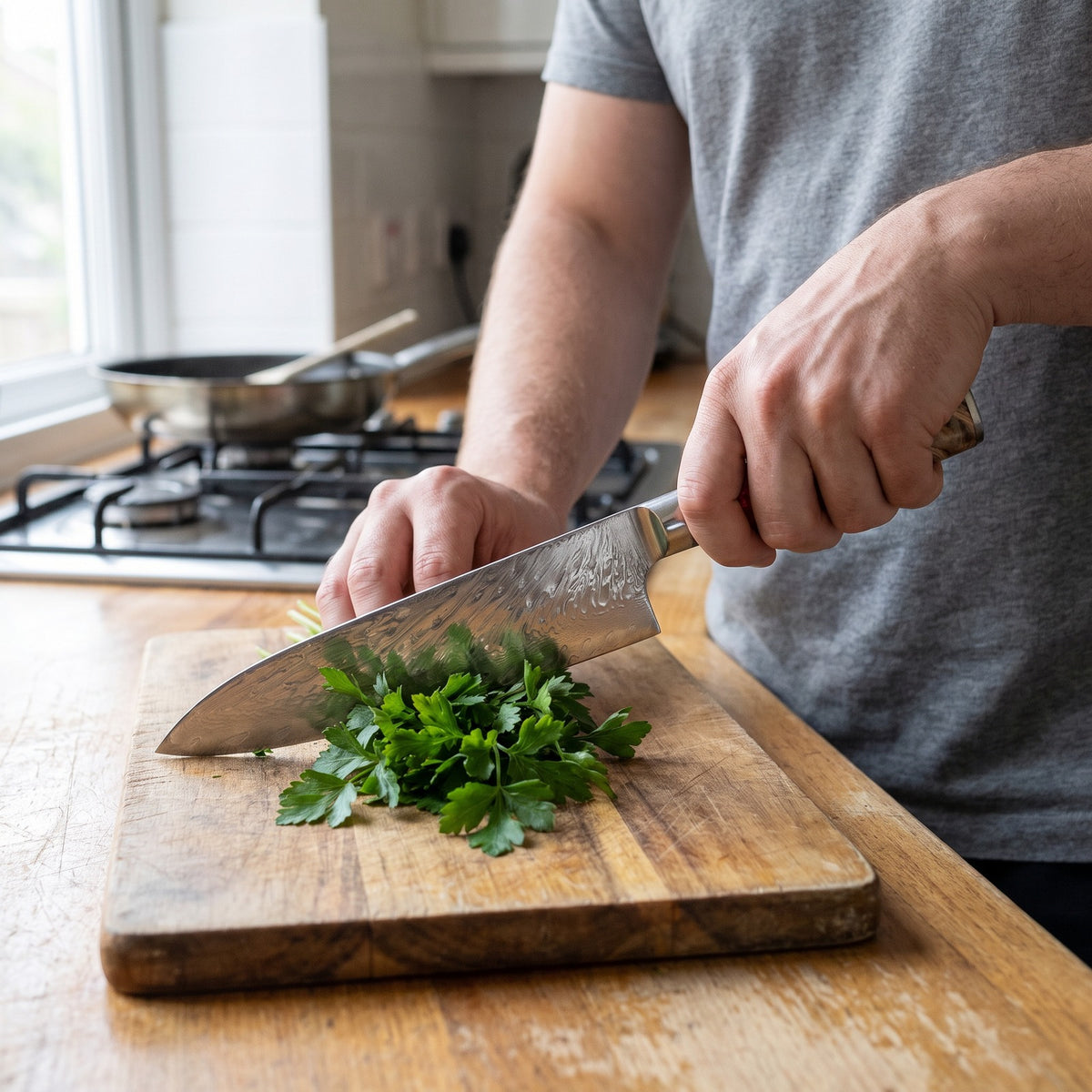 Hatori Kurenai 紅 Series – Damascus Santoku 17.6 cm, in a home kitchen