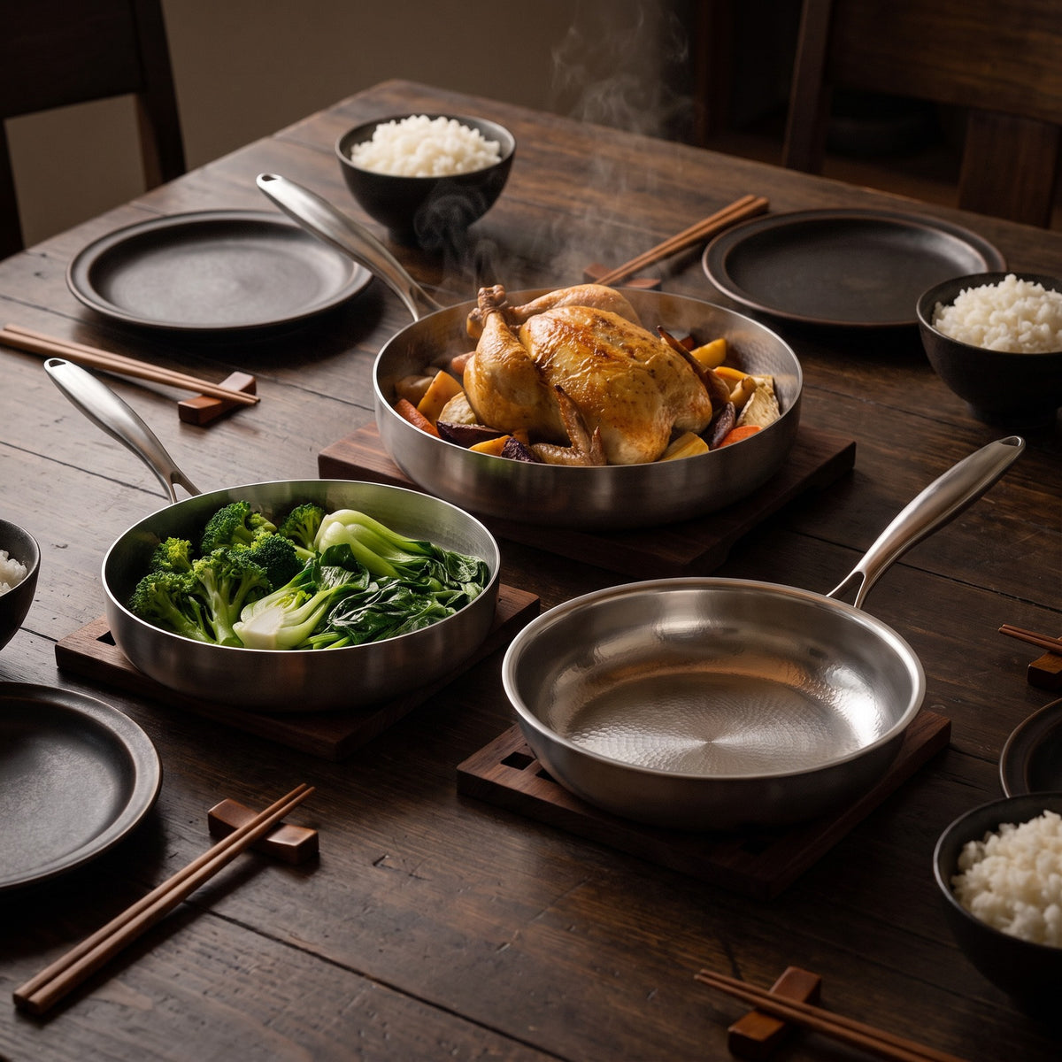 Hatori Kōmyō 光明 Series – Premium Cooking Set, 3 Pieces with 2 Lids, at the table