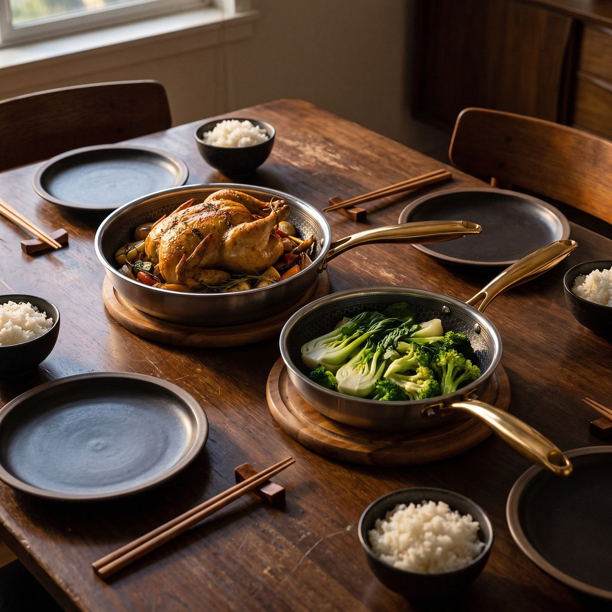Hatori Kōmyō 光明 Kin 金 Edition – 3-Pan Set, at the table