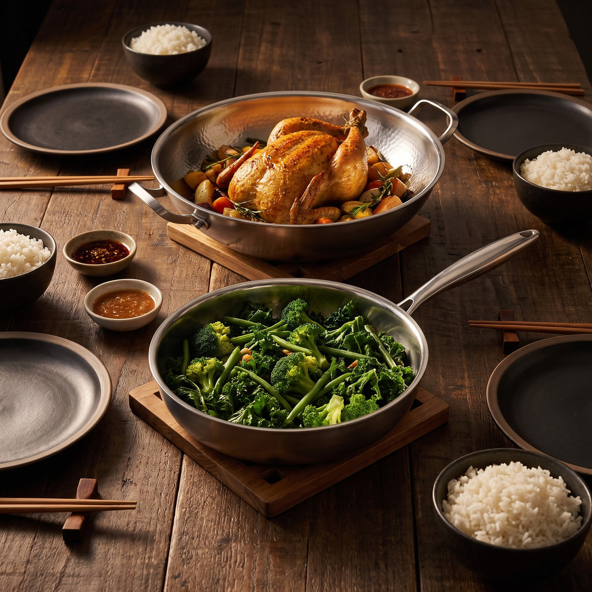 Hatori Kōmyō 光明 Series – Complete Kitchen Set, 6 Pieces with 3 Lids, at the table