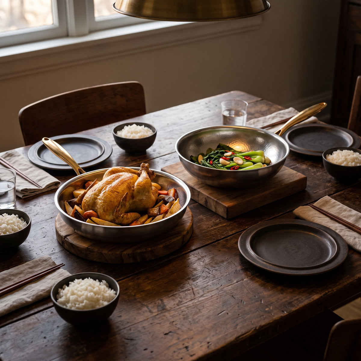 Hatori Kōmyō 光明 Kin 金 Edition – Complete Kitchen Set, 6 Pieces with 3 Lids, at the table