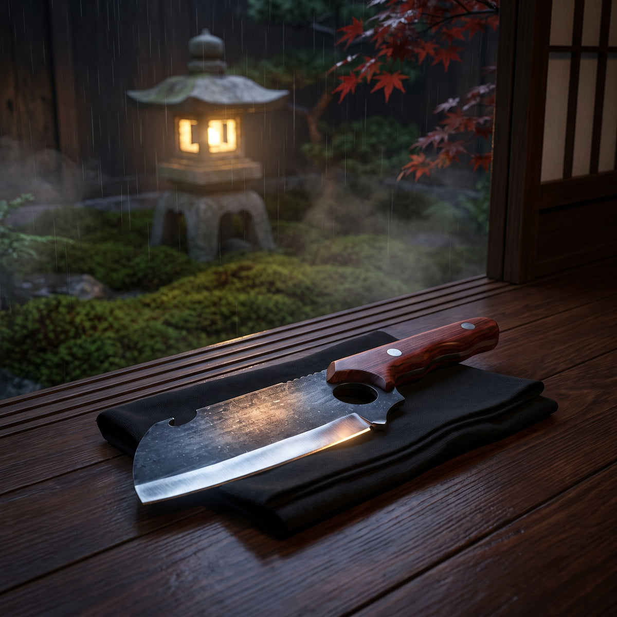 Hatori Kiba 牙 Series – Forged Wide Cleaver 17 cm, Red Sandalwood, in the garden