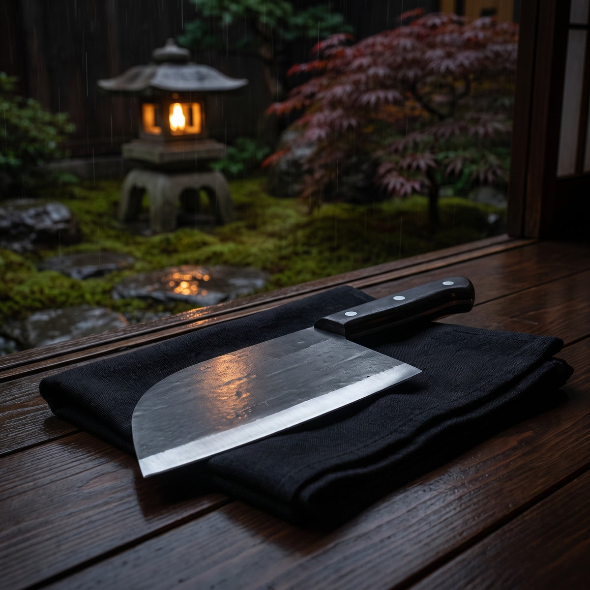 Hatori Kaji 鍛冶 Series – Black Forged Cleaver 17.5 cm, in the garden