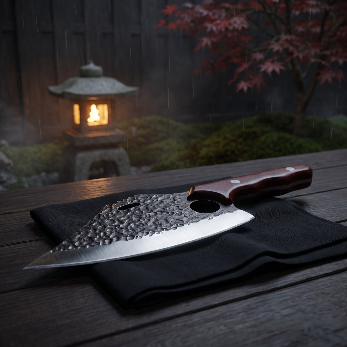 Hatori Kiba 牙 Series – Forged Ring Knife 17.5 cm, Red Sandalwood, in the garden