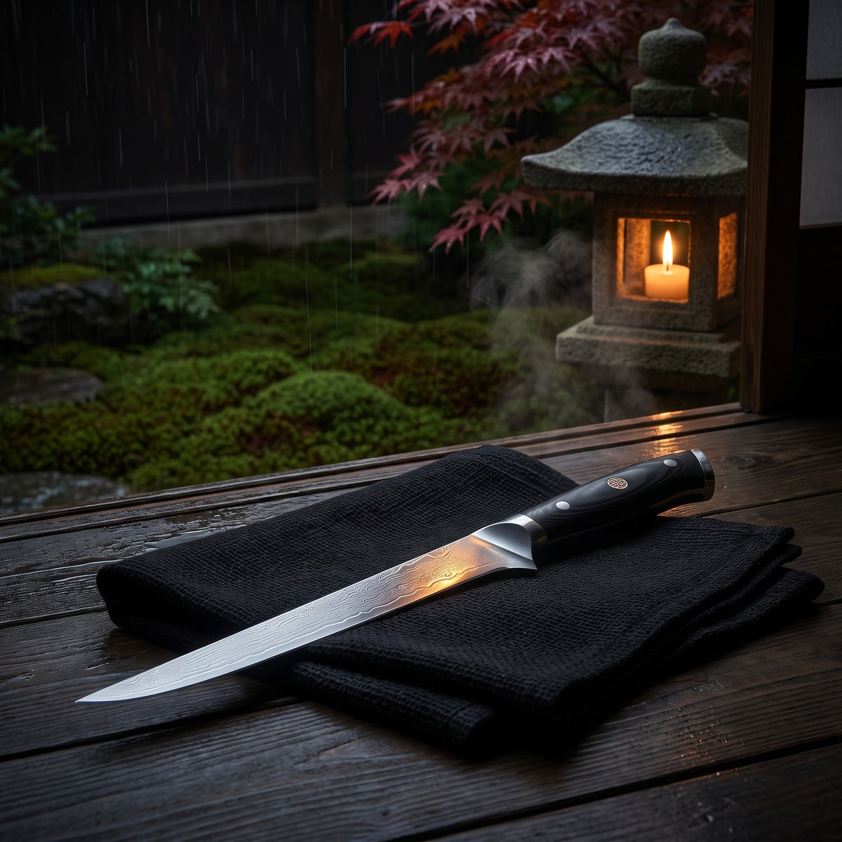 Hatori Kokuyō 黒曜 Series – Damascus Fillet Knife 20 cm, in the garden