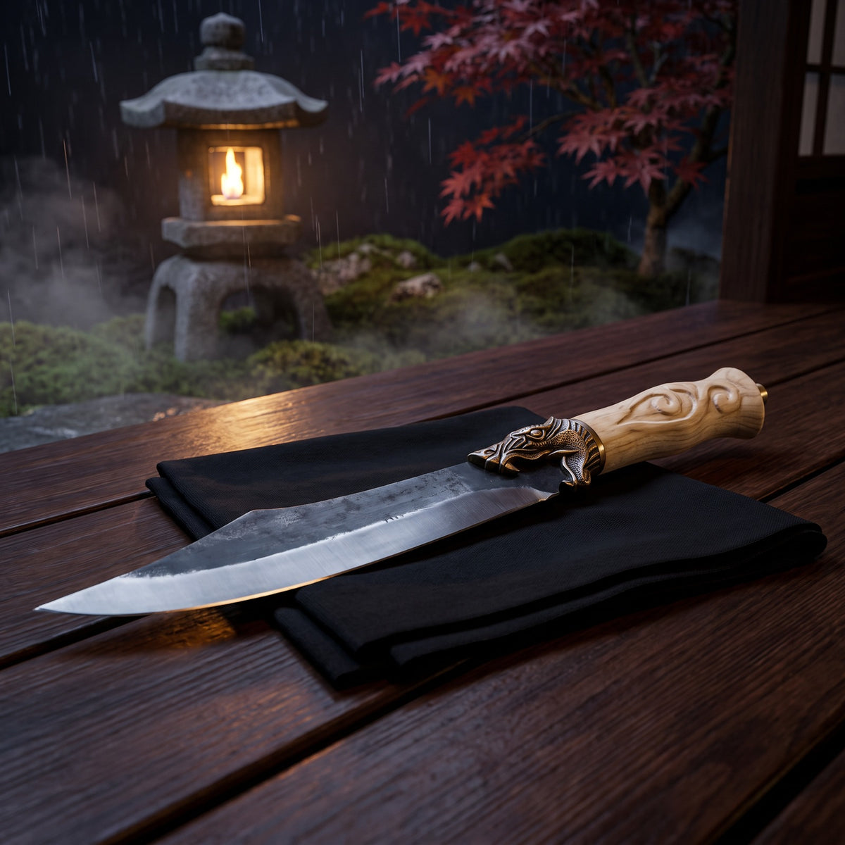 Hatori Kaji 鍛冶 Series – Forged Utility Knife 15 cm, Sculpted Handle, in the garden