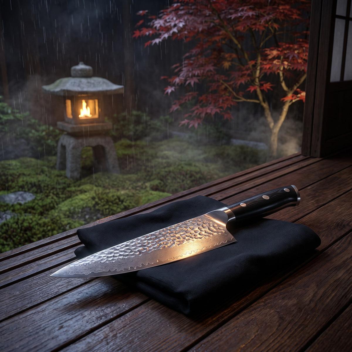 Hatori Kokuyō 黒曜 Series – Damascus Chef's Knife 20 cm, in the garden