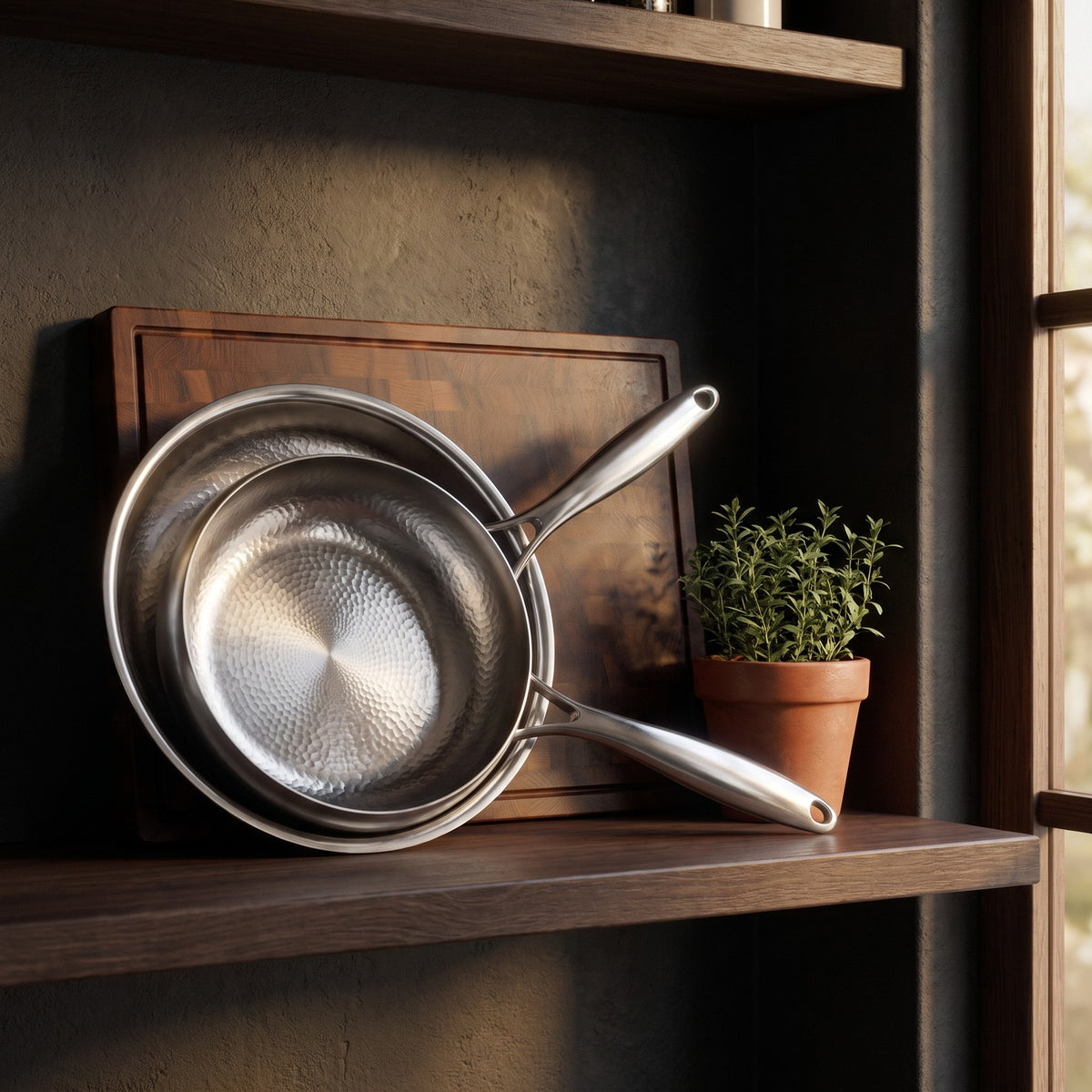 Hatori Kōmyō 光明 Series – Pan and Sauté Set with Walnut Board and Utensils, on the shelf