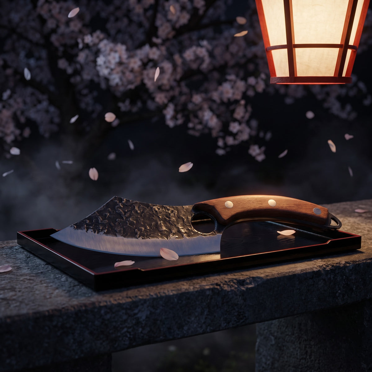 Hatori Kiba 牙 Series – Forged Ring Knife 16 cm, Rosewood, under the cherry tree