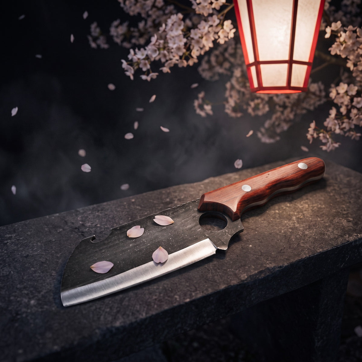 Hatori Kiba 牙 Series – Forged Wide Cleaver 17 cm, Red Sandalwood, under the cherry tree