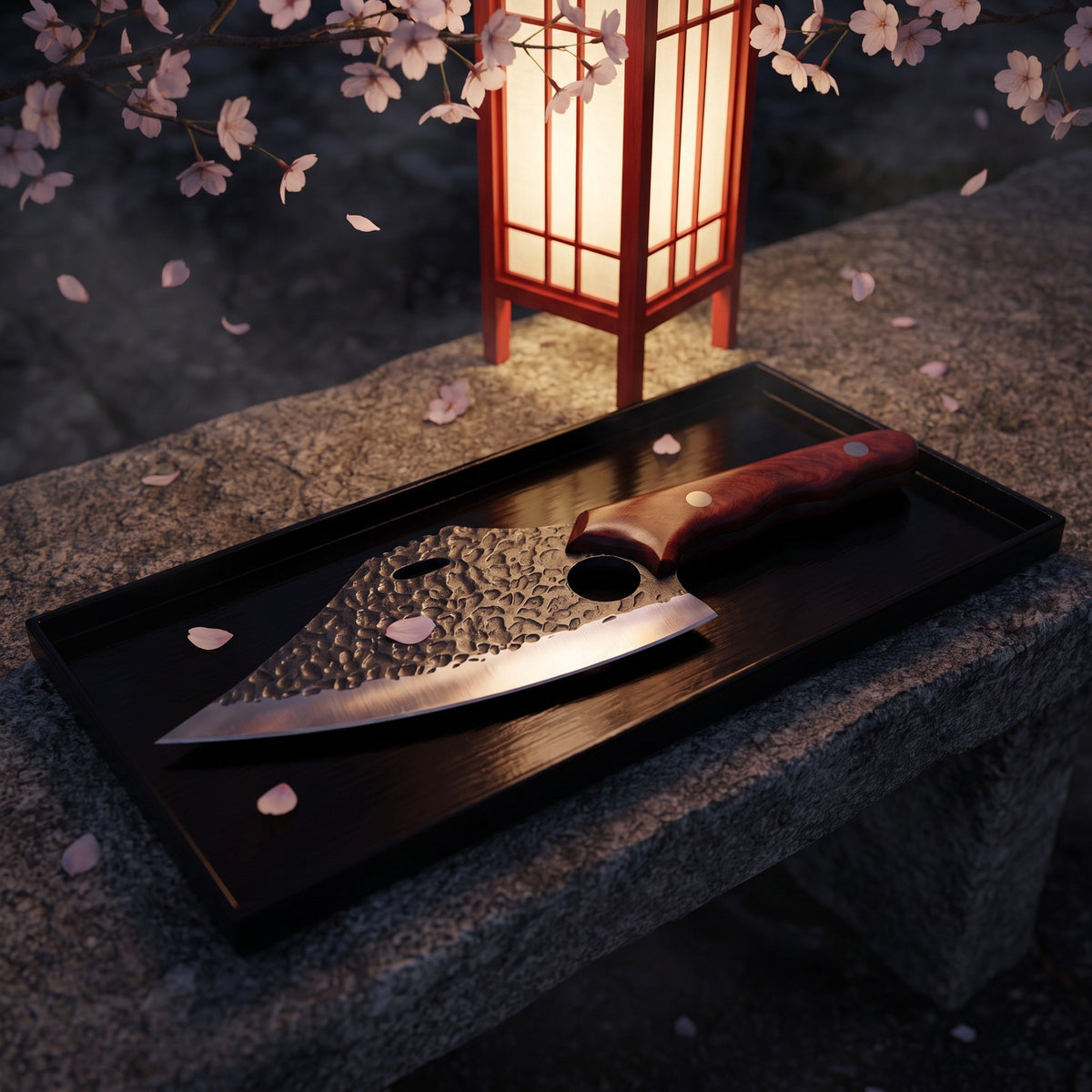 Hatori Kiba 牙 Series – Forged Ring Knife 17.5 cm, Red Sandalwood, under the cherry tree