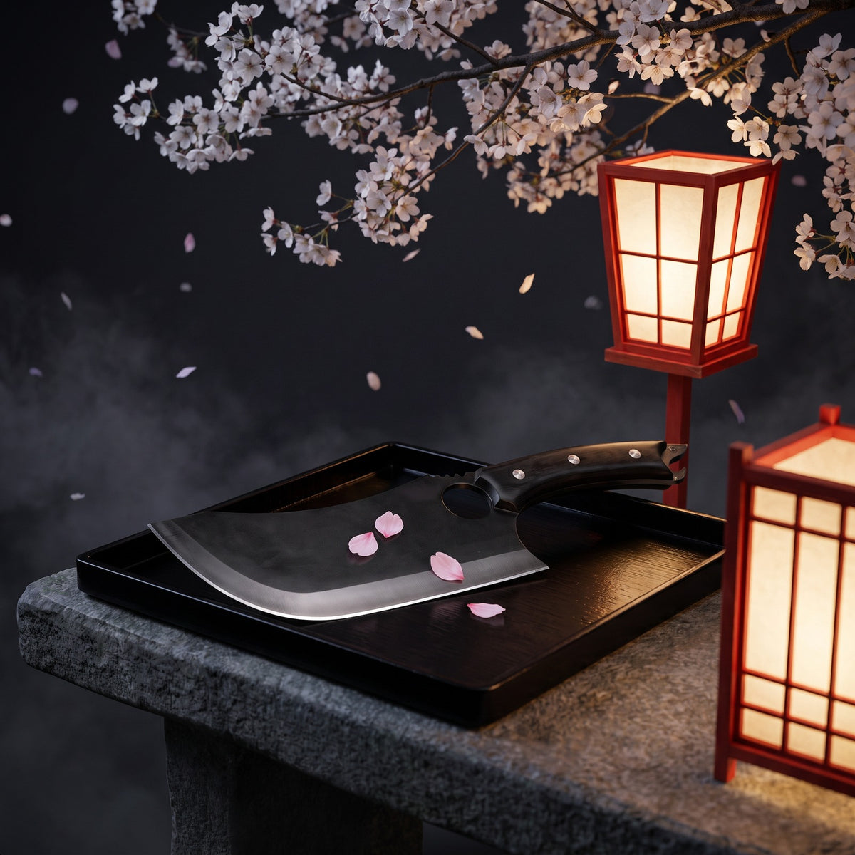 Hatori Kiba 牙 Series – Black Forged Ring Knife 16 cm, under the cherry tree
