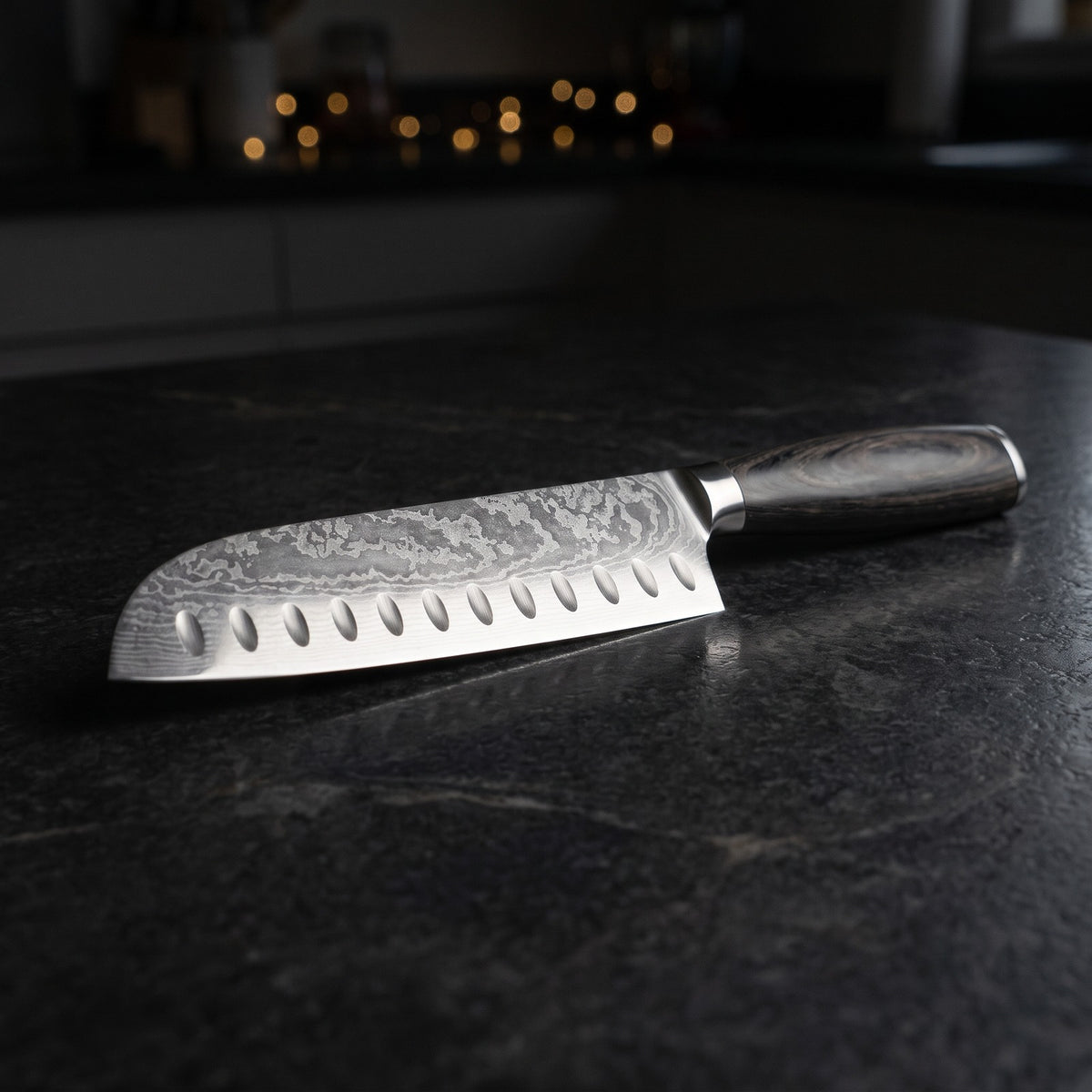 Hatori Mori 森 Series – Santoku 18 cm, Hollow Edge, on the counter