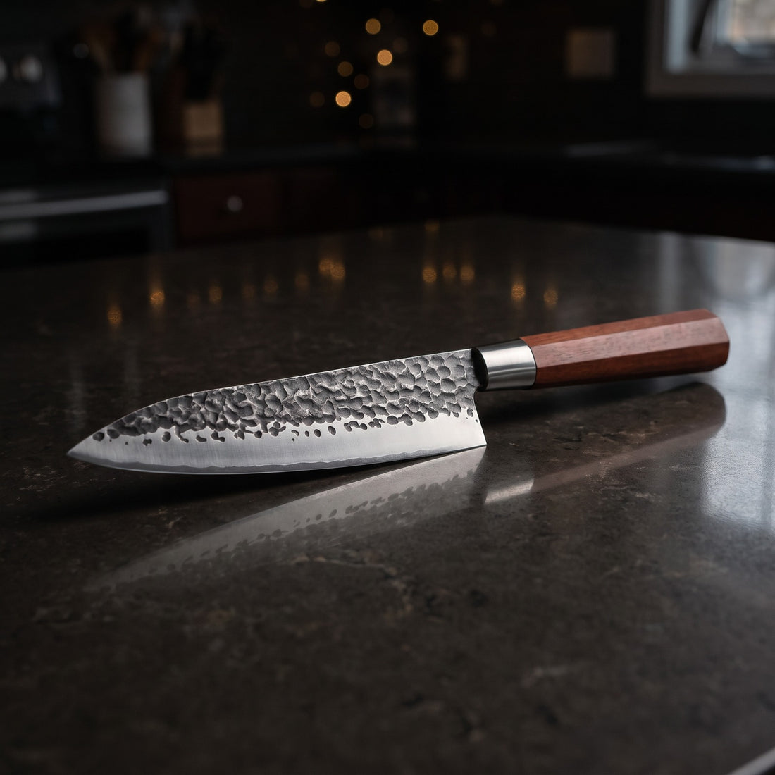 Hatori Tsuchime 槌目 Series – Hammered Chef's Knife 18.5 cm, on the counter