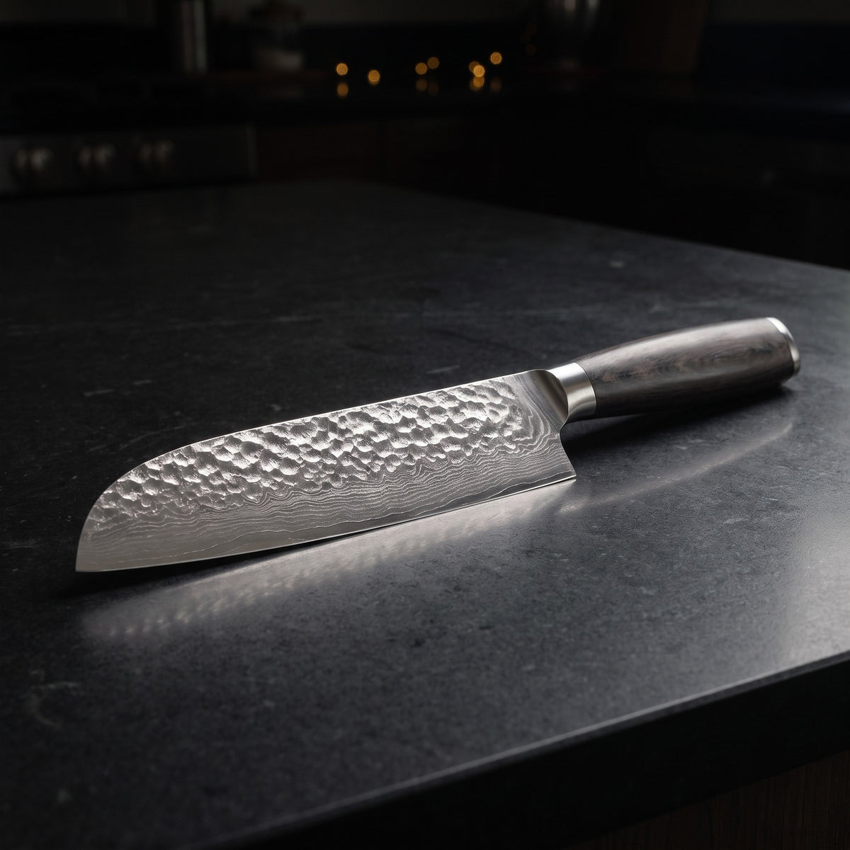 Hatori Mori 森 Series – Hammered Santoku 18 cm, on the counter