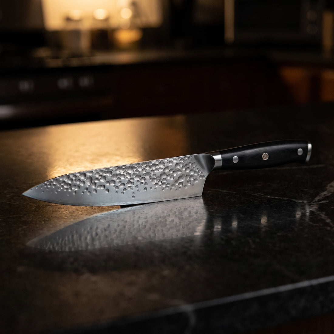 Hatori Yoru 夜 Series – Hammered Chef's Knife 20 cm, on the counter