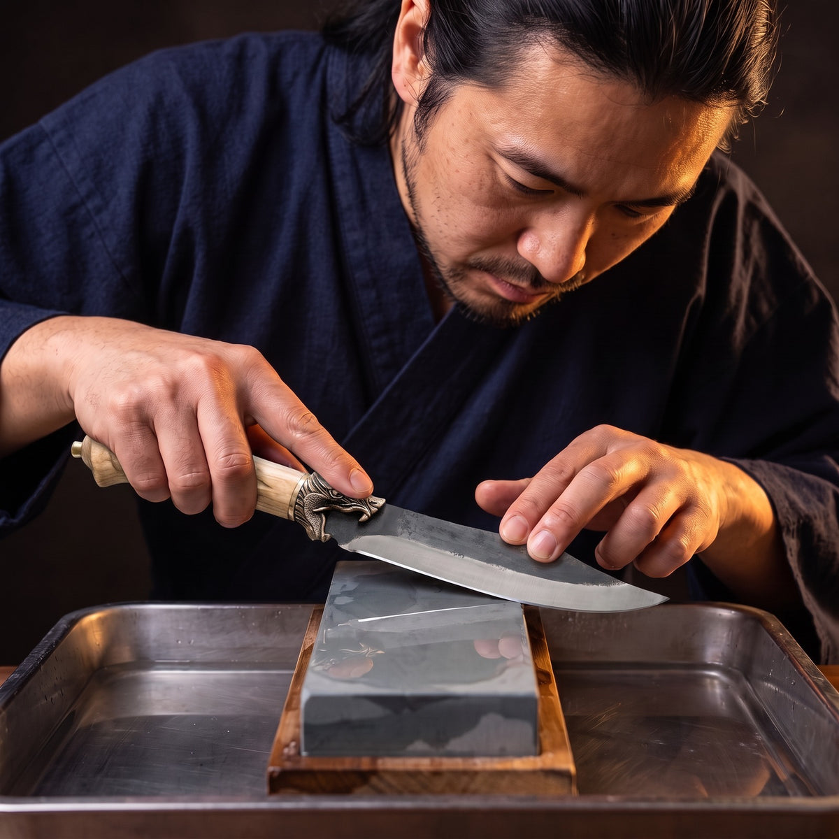 Hatori Kaji 鍛冶 Series – Forged Utility Knife 15 cm, Sculpted Handle, on the whetstone