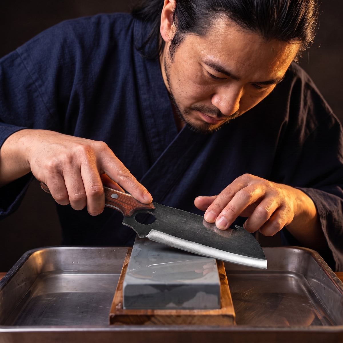 Hatori Kiba 牙 Series – Forged Wide Cleaver 17 cm, Red Sandalwood, on the whetstone