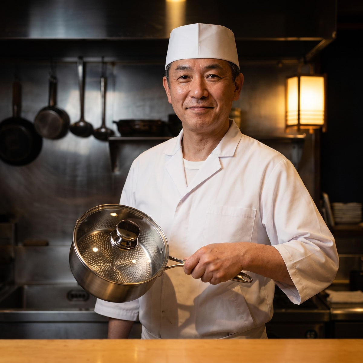 Hatori Kōmyō 光明 Series – Titanium Saucepan with Lid, held by a chef