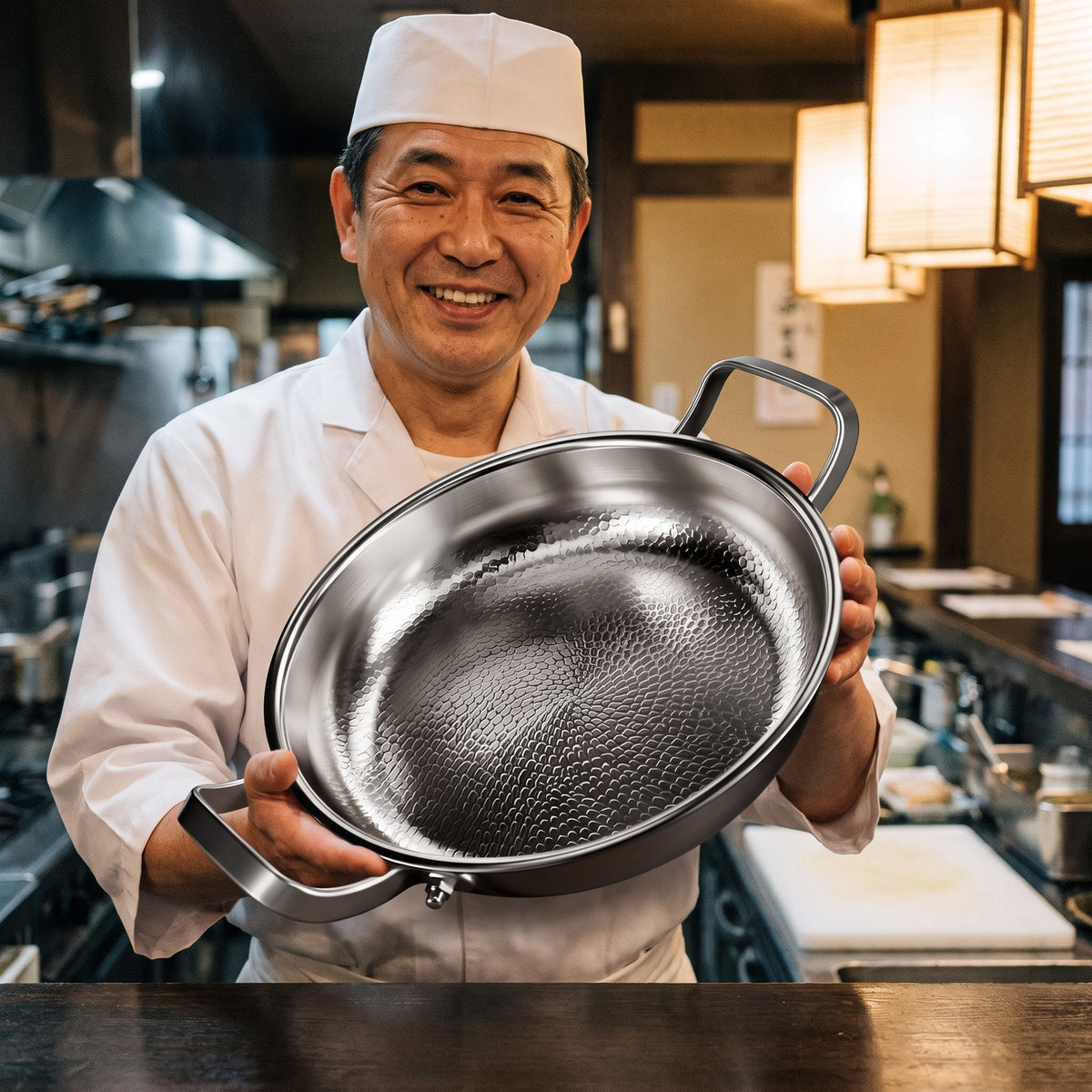 Hatori Kōmyō 光明 Series – Hammered Titanium Pan with Two Handles, held by a chef