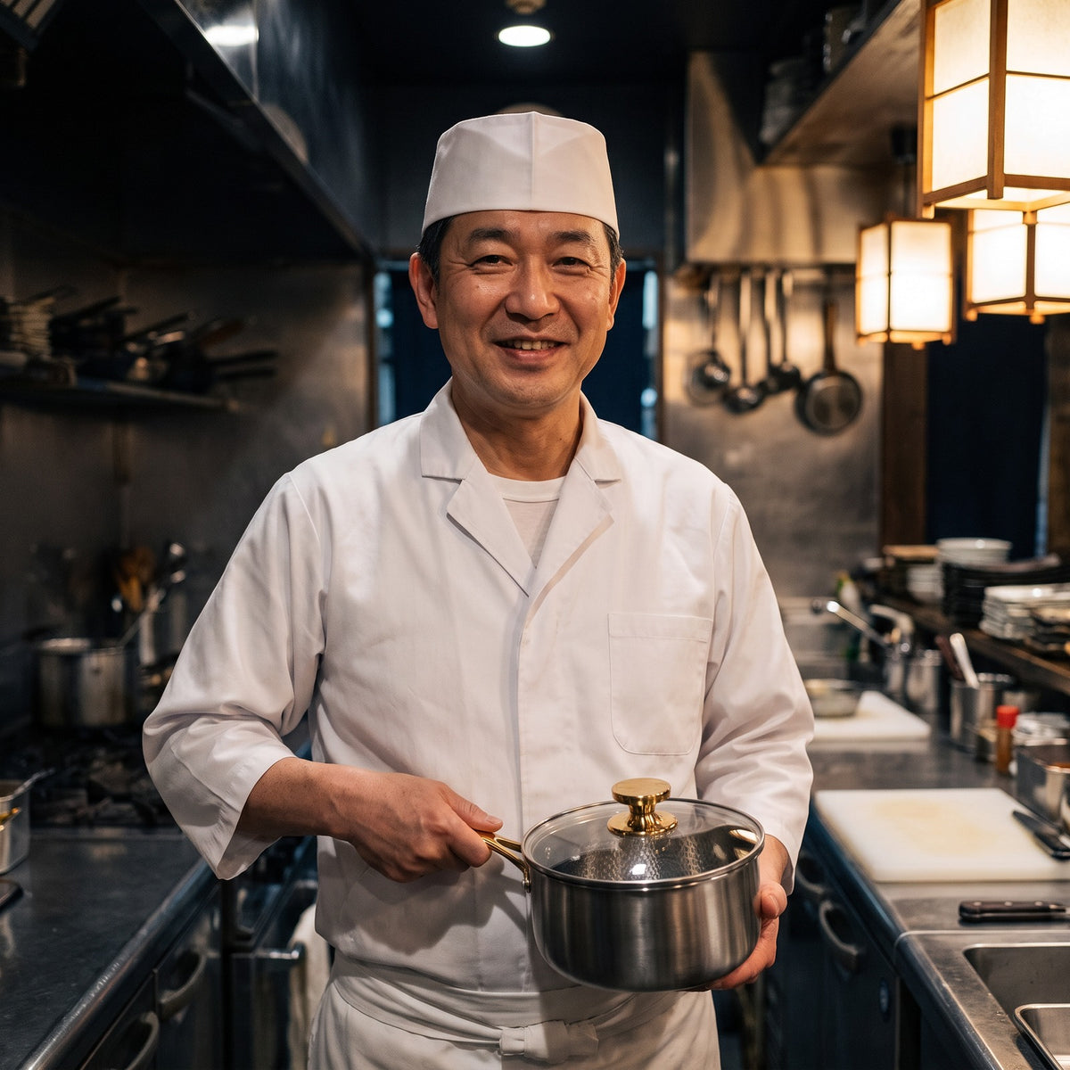 Hatori Kōmyō 光明 Kin 金 Edition – Titanium Saucepan with Lid, held by a chef
