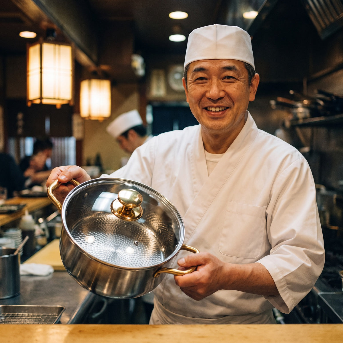 Hatori Kōmyō 光明 Kin 金 Edition – Titanium Cooking Pot with Lid, held by a chef