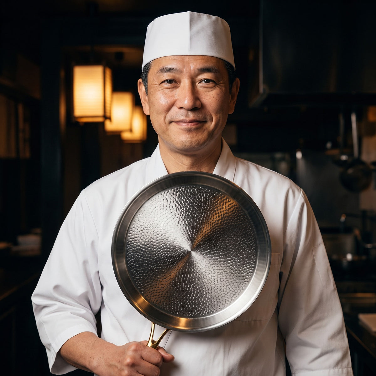 Hatori Kōmyō 光明 Kin 金 Edition – Hammered Titanium Crêpe Pan, held by a chef