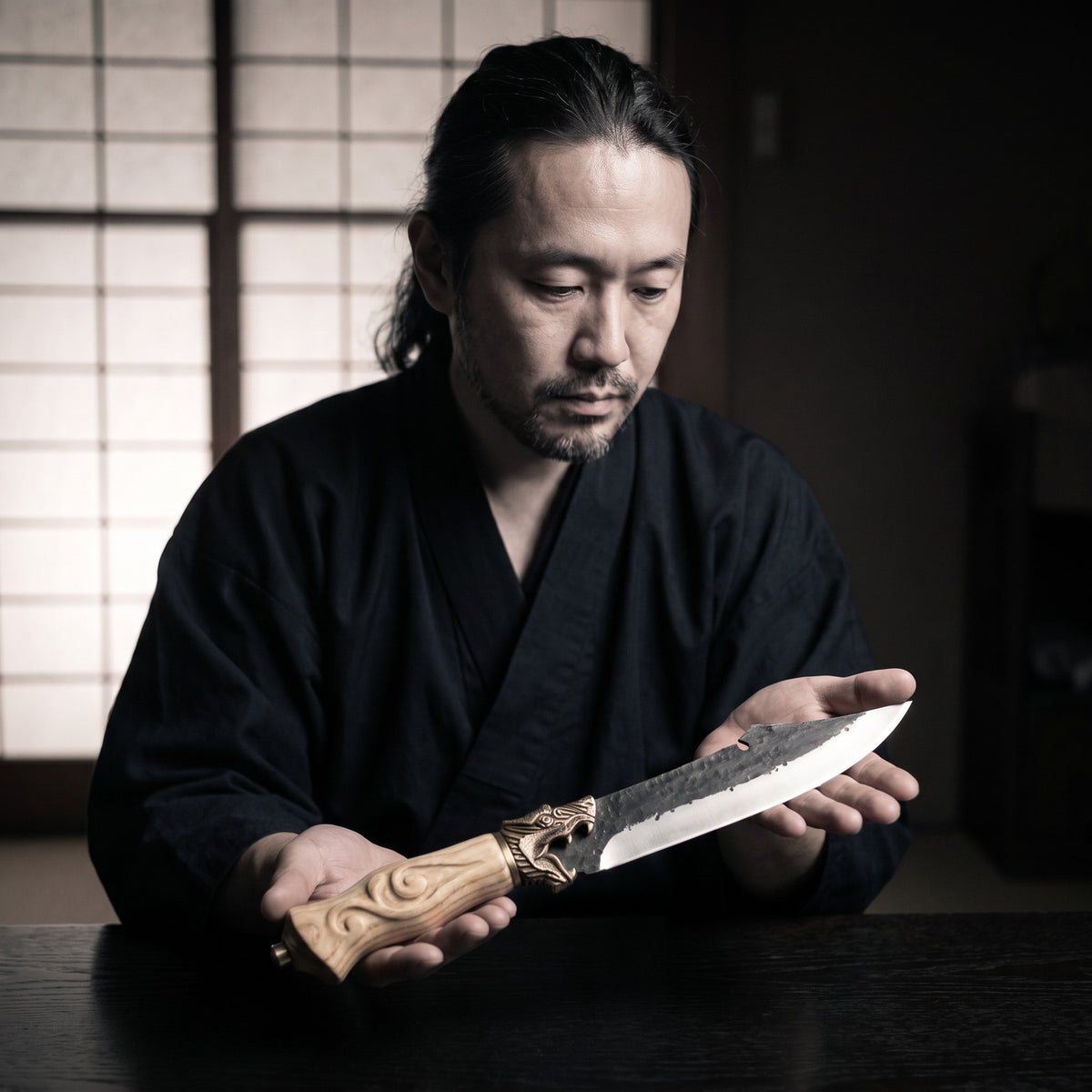 Hatori Kaji 鍛冶 Series – Forged Utility Knife 15 cm, Sculpted Handle, in hand