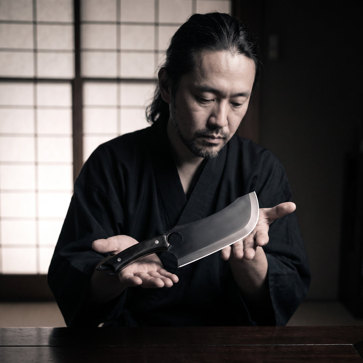 Hatori Kiba 牙 Series – Black Forged Ring Knife 16 cm, in hand