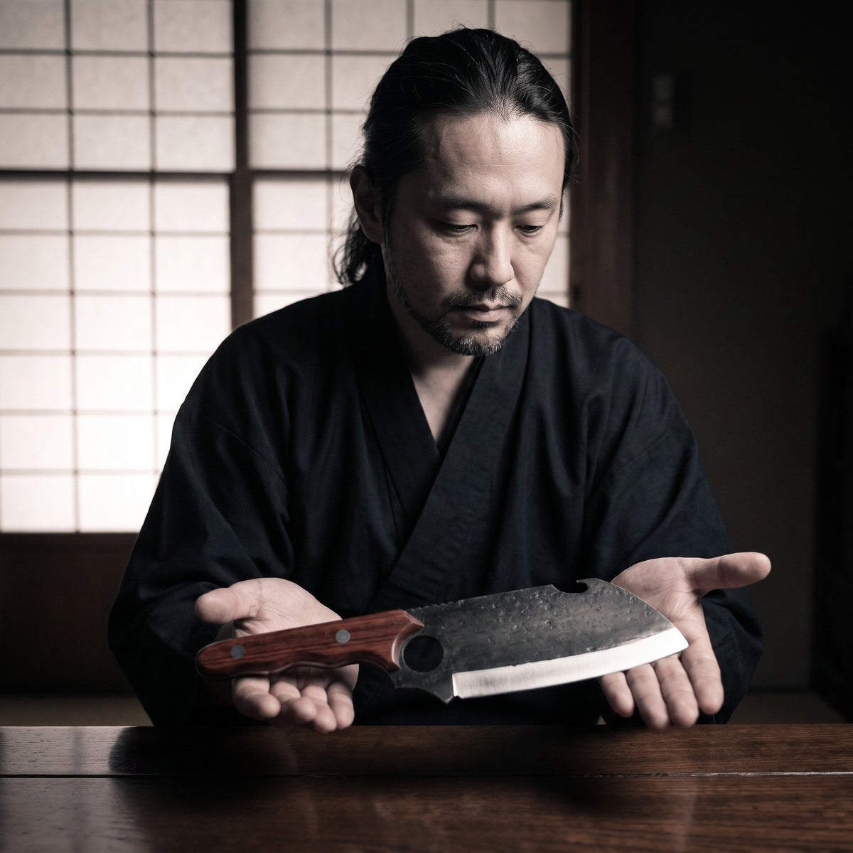 Hatori Kiba 牙 Series – Forged Wide Cleaver 17 cm, Red Sandalwood, in hand