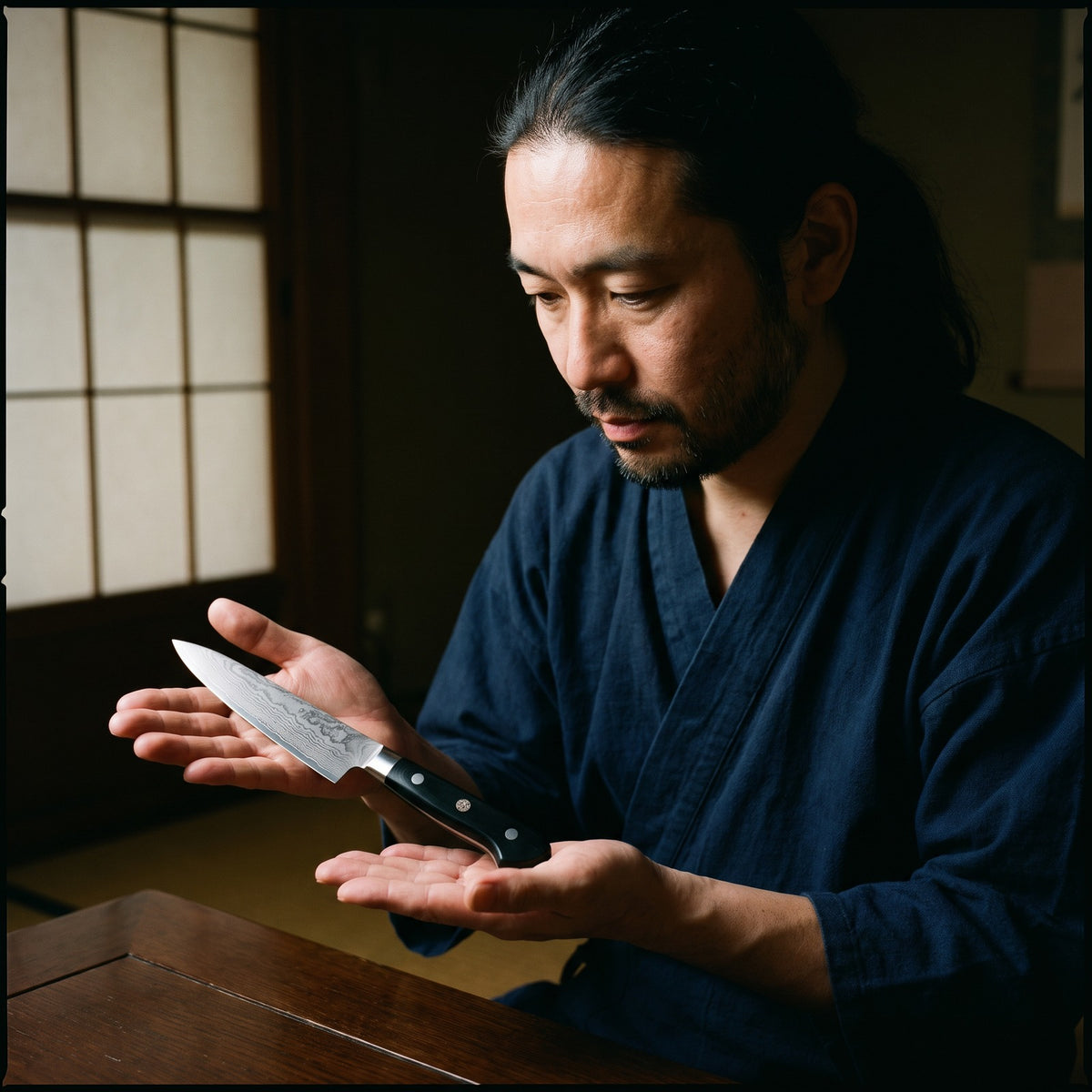 Hatori Kokuyō 黒曜 Series – Damascus Steak Knives, Set of 4, in hand