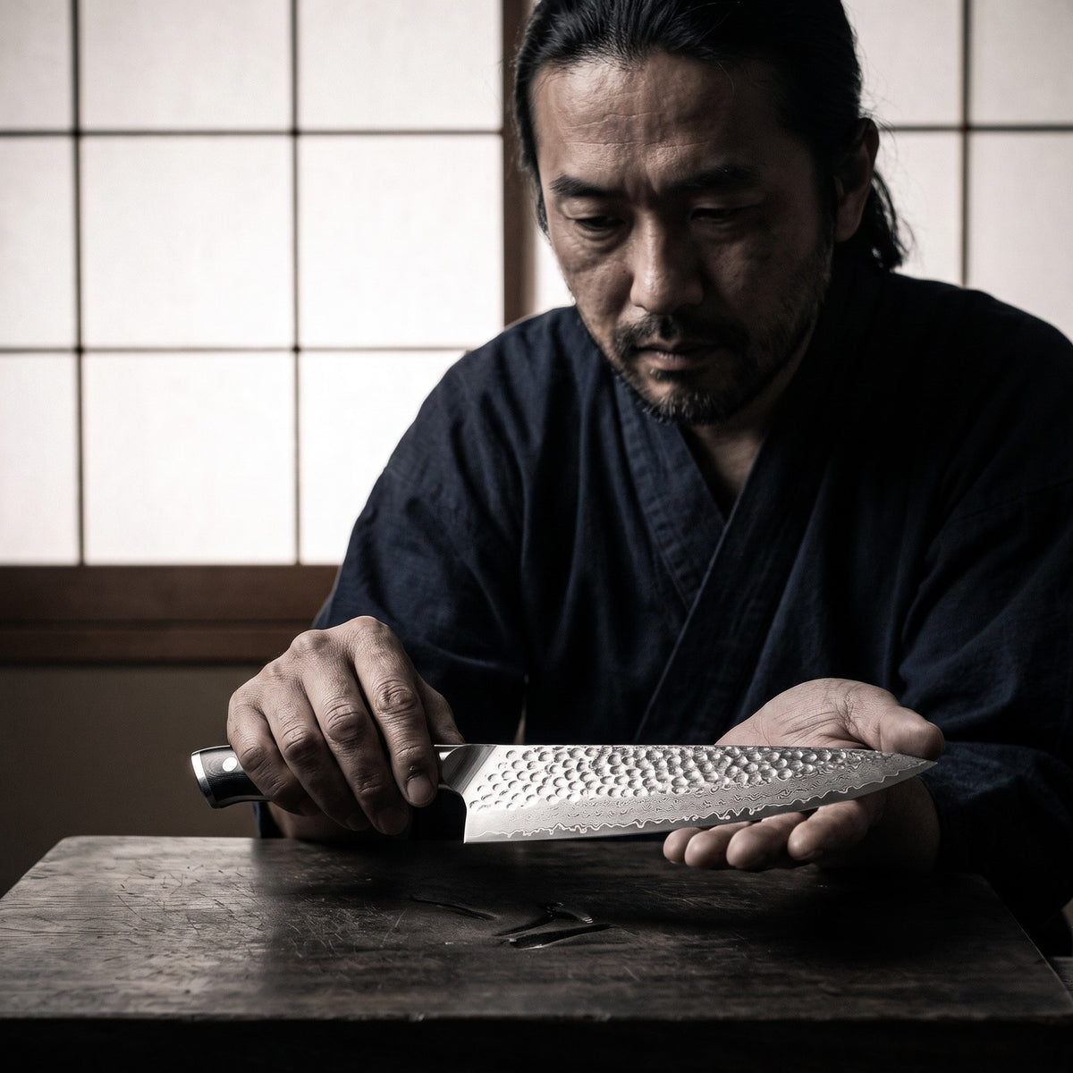 Hatori Kokuyō 黒曜 Series – Damascus Chef's Knife 20 cm, in hand