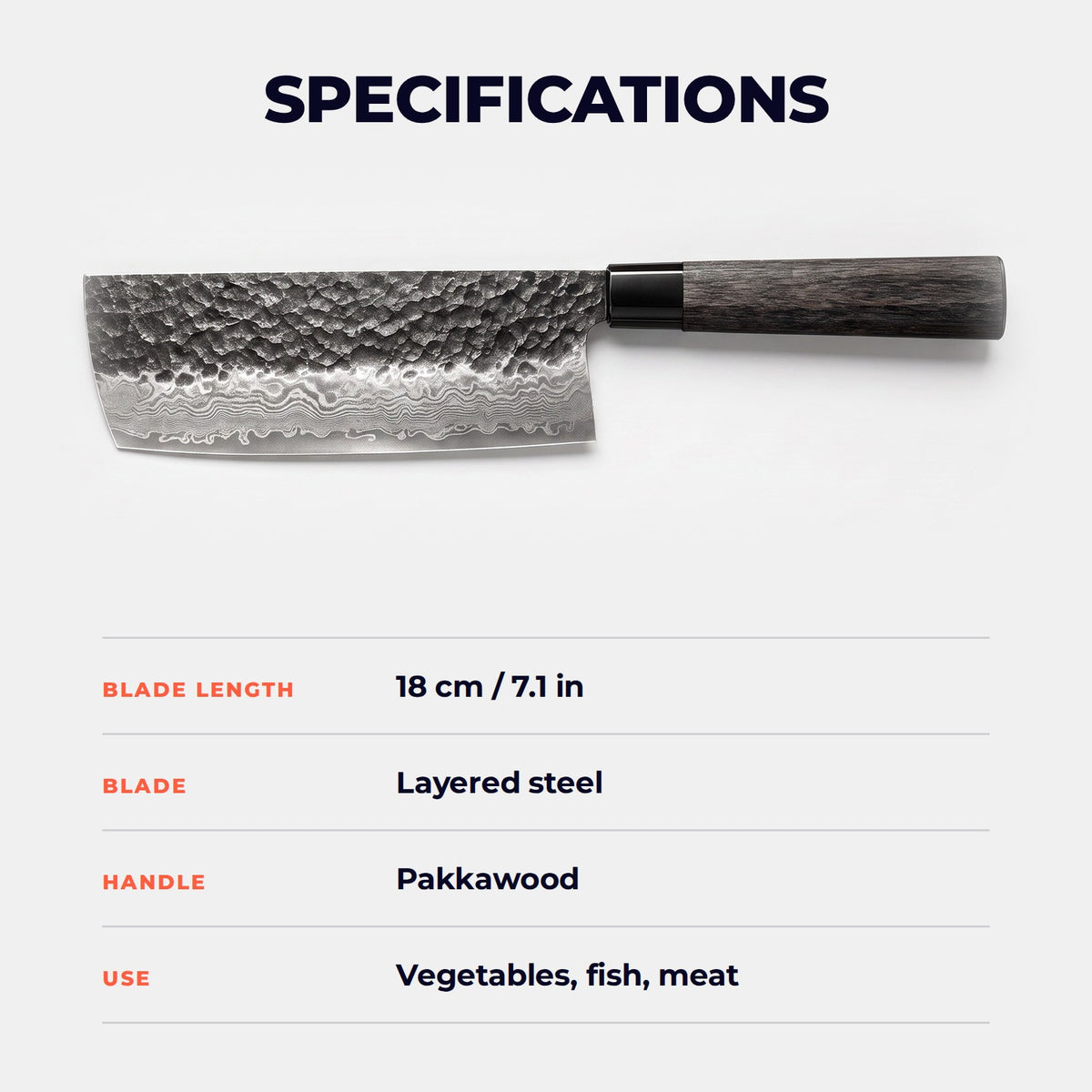 Hatori Tsuchime 槌目 Series – Hammered Vegetable Knife 18 cm, specifications