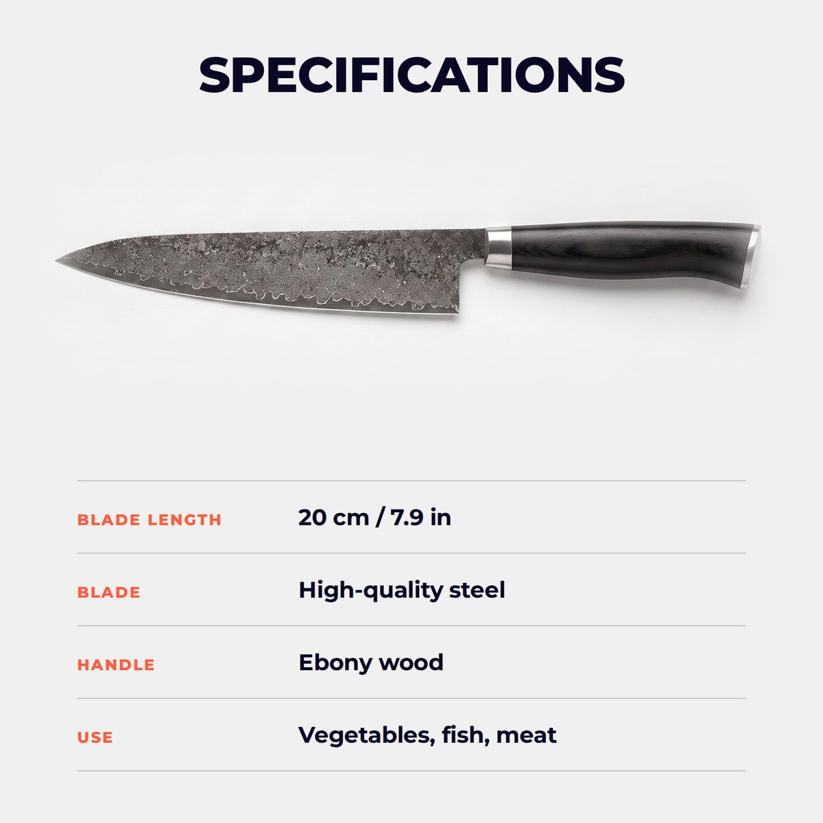Hatori Kokutan 黒檀 Series – Chef's Knife 20 cm, specifications