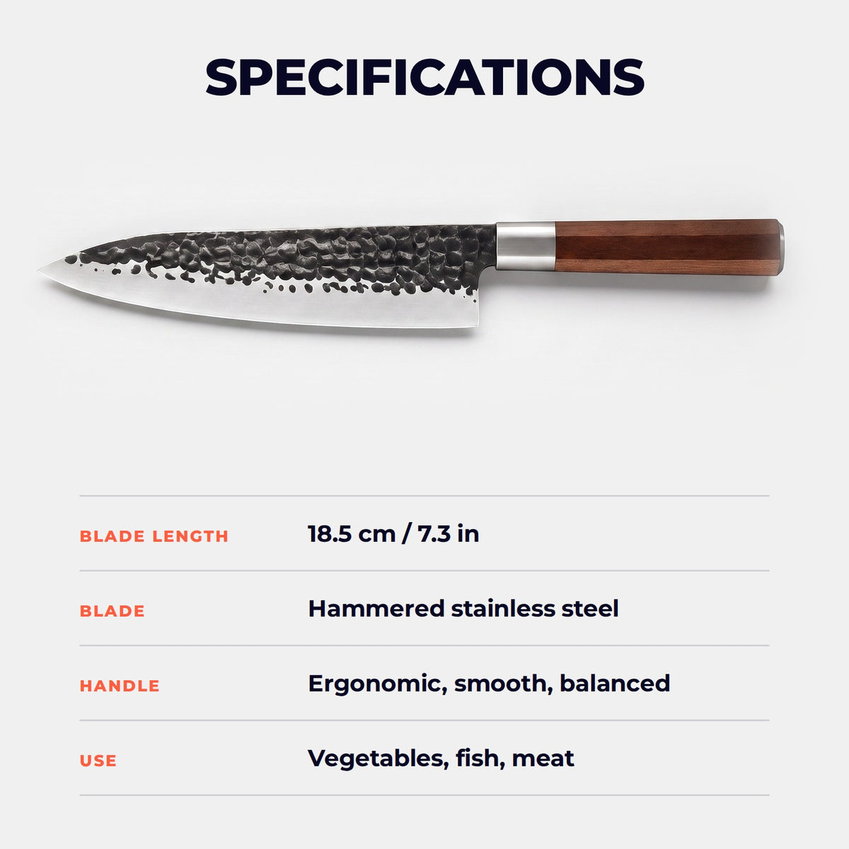 Hatori Tsuchime 槌目 Series – Hammered Chef's Knife 18.5 cm, specifications