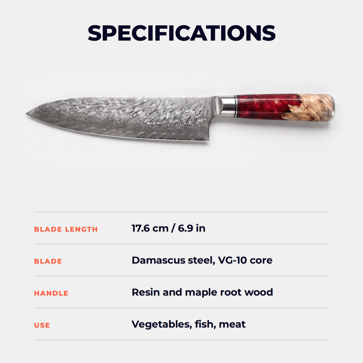 Hatori Kurenai 紅 Series – Damascus Santoku 17.6 cm, specifications