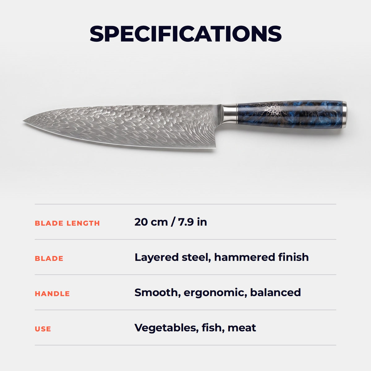 Hatori Seido 青道 Series – Hammered Chef's Knife 20 cm, specifications
