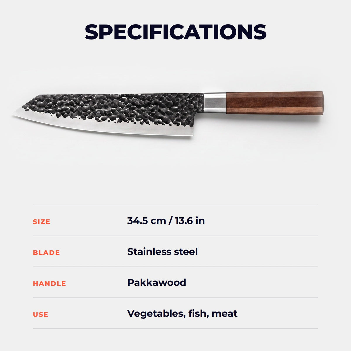 Hatori Tsuchime 槌目 Series – Hammered Kiritsuke 34.5 cm, specifications