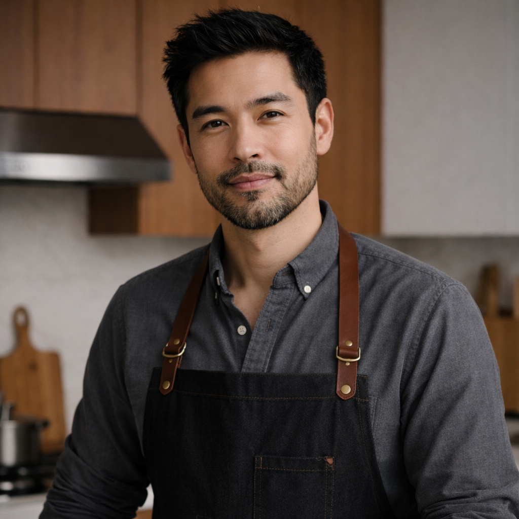Founder holding a pan in a kitchen