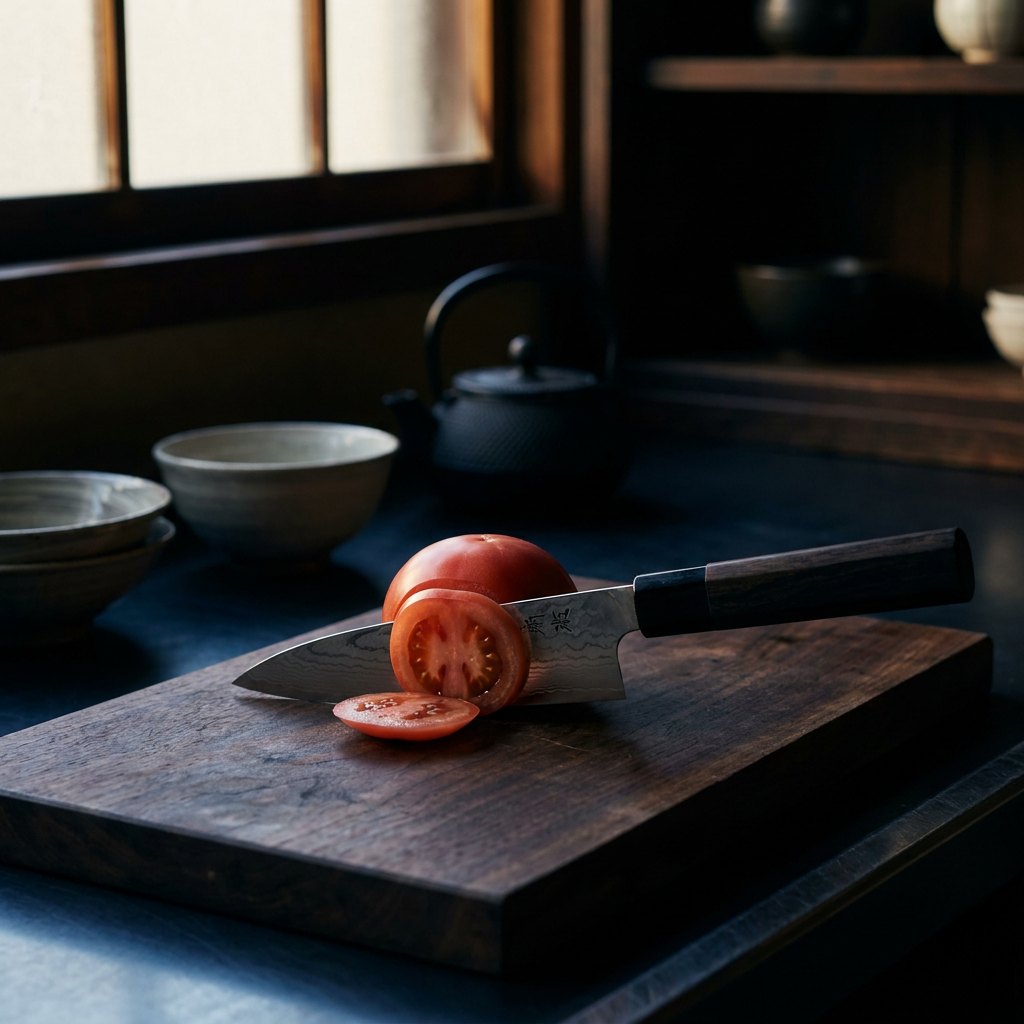 A kitchen knife resting on a ripe tomato on a dark wooden board