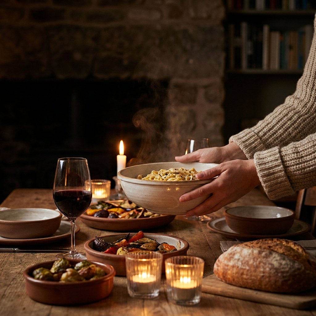 A home dinner table with several fresh dishes being set down