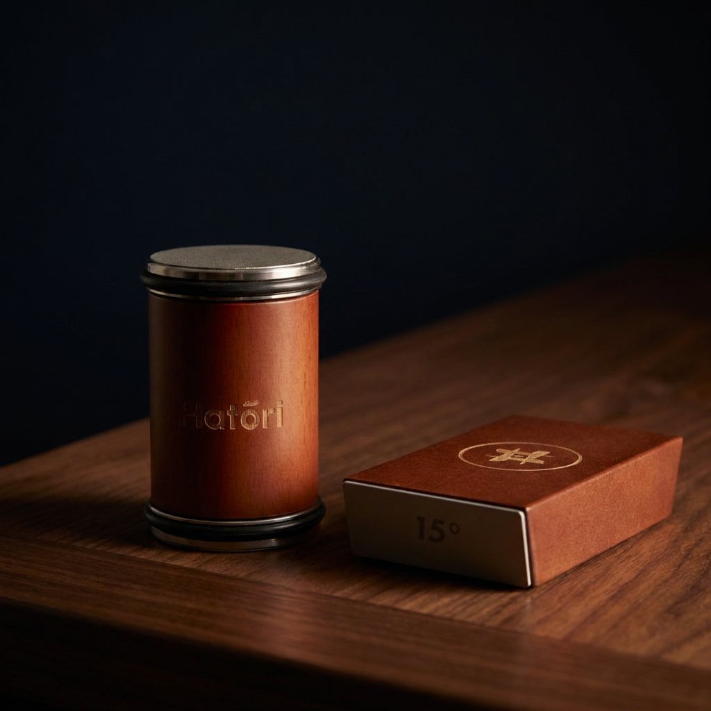 The Hatori rolling sharpener, a wooden roller beside its magnetic angle base