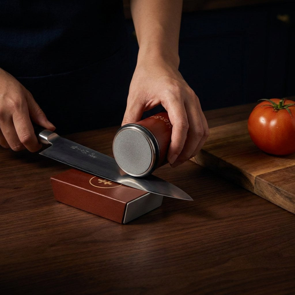 A hand rolling the Hatori sharpener along a knife held on its base, next to a cutting board
